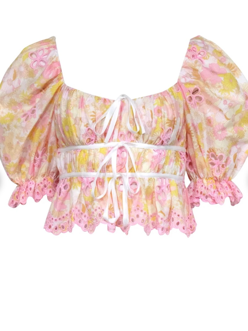 Women's Pink Floral Puff-Sleeve Crop Top size L